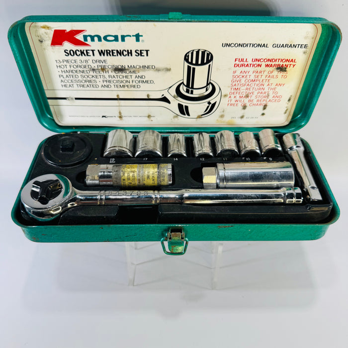 Vintage Kmart 13-Piece 3/8" Drive Metric Socket Wrench Set in Green Metal Case