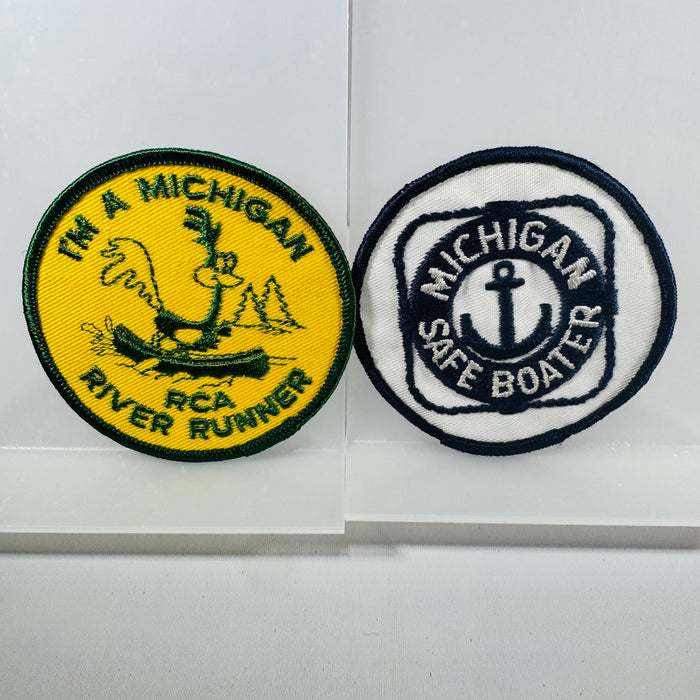 Vintage Michigan Patch Set – River Runner + Michigan Safe Boating 1970s (2 Patches, 3” Round)