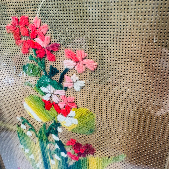 Vintage Punched Paper Embroidery Framed Floral Needlework Wall Art