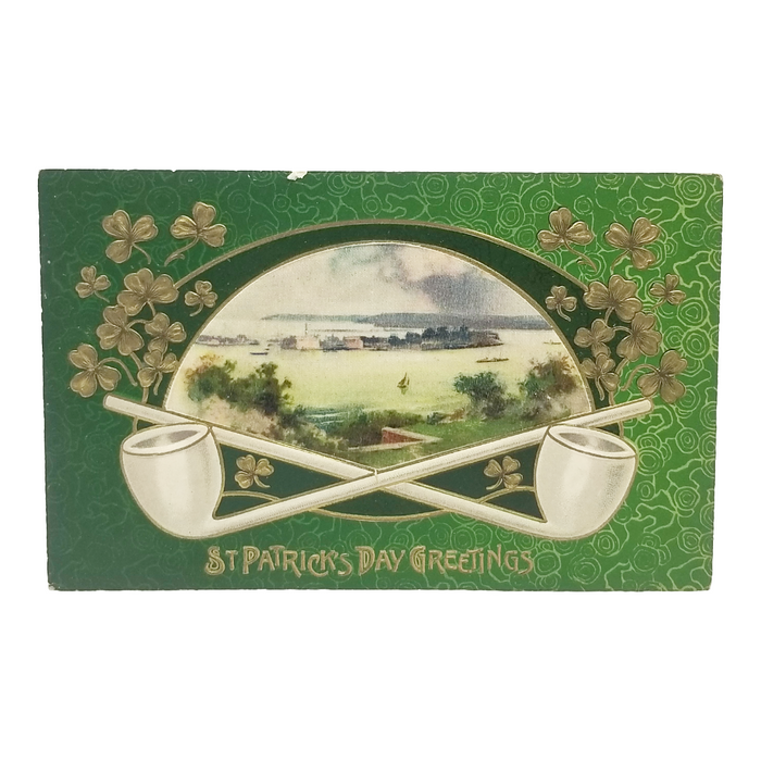 Vintage Saint Patrick's Day Postcard Winsch Crossed Pipes w/Bucolic Irish Scene