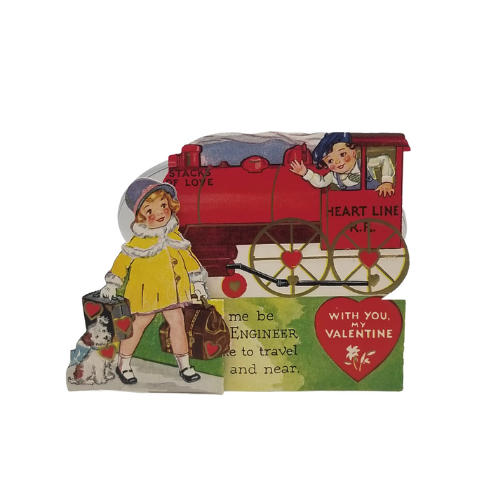 Vintage Valentine Die Cut Card Girl & Puppy Catching Train