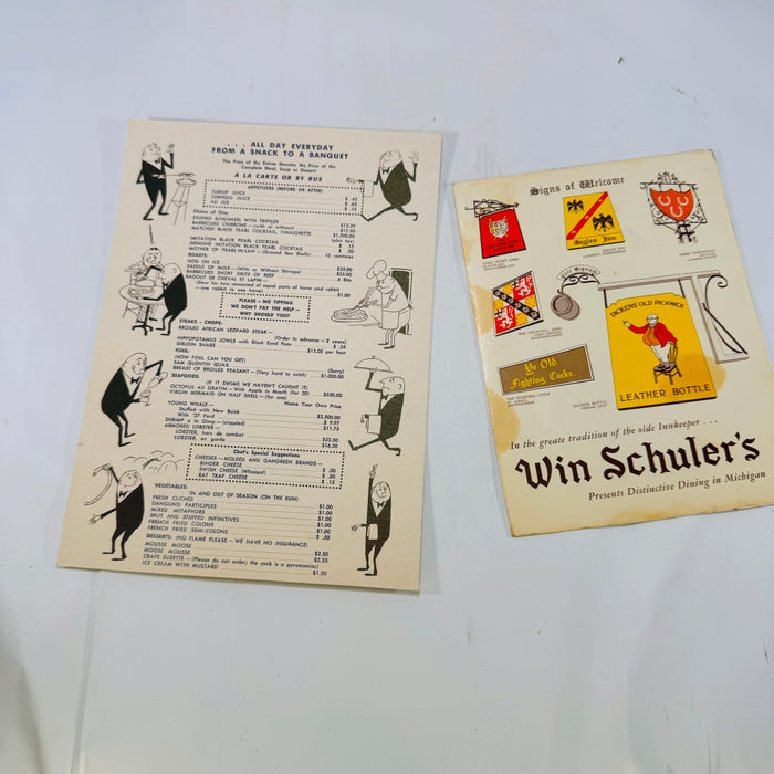 Vintage Win Schuler's Restaurant Main Menu Dessert & A La Carte 1962 Michigan
