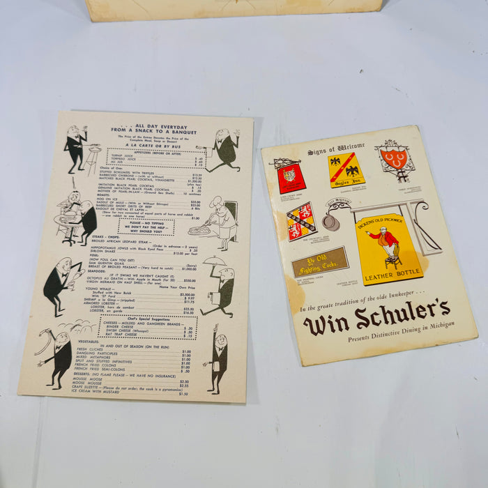 Vintage Win Schuler's Restaurant Main Menu Dessert & A La Carte 1962 Michigan