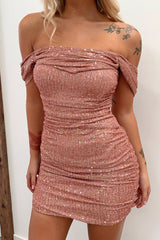 Nara Off Shoulder Sequin Mini Dress - Pink Sequin