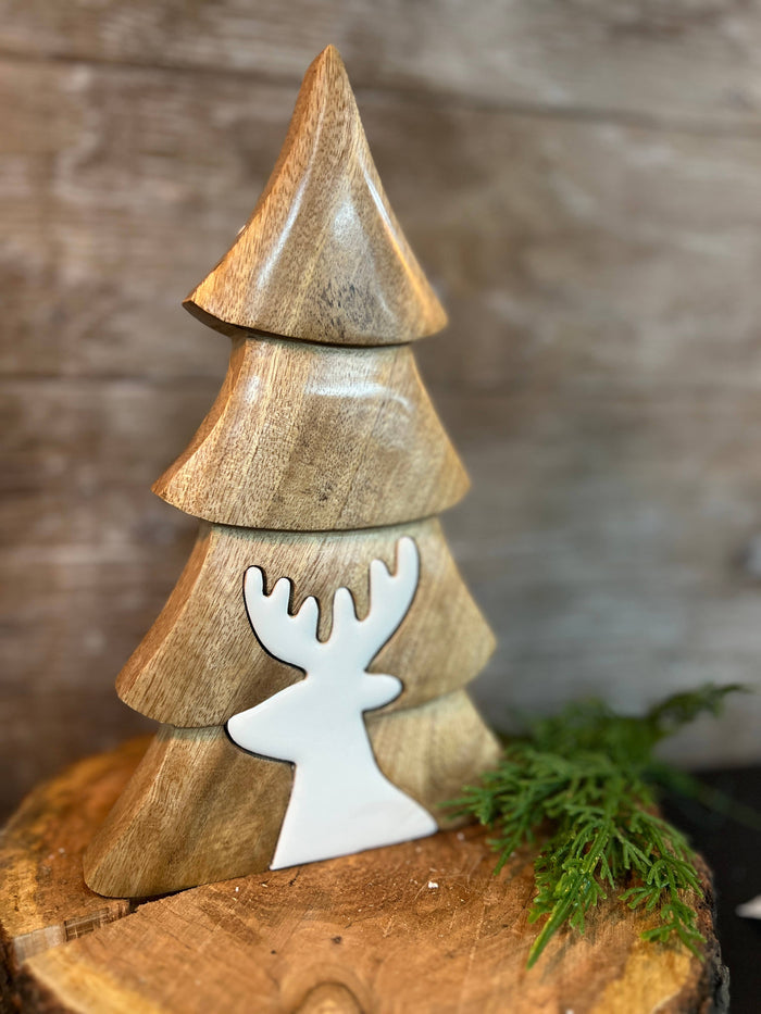 Wooden Tree with Enamel Deer Head Cutout 4in