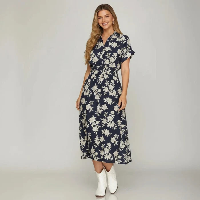 Woven Print Collared Dress - 260 Broadway Boutique