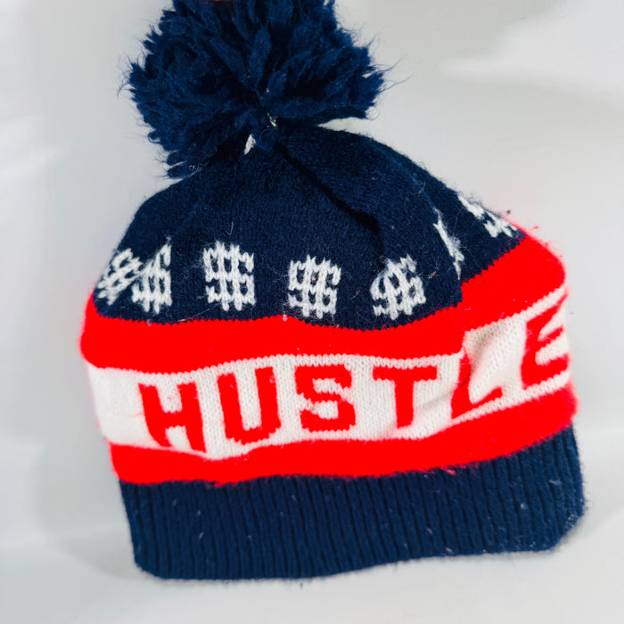Y2K Hustle Pom Pom Beanie Red White Blue Dollar Sign Streetwear Knit Hat
